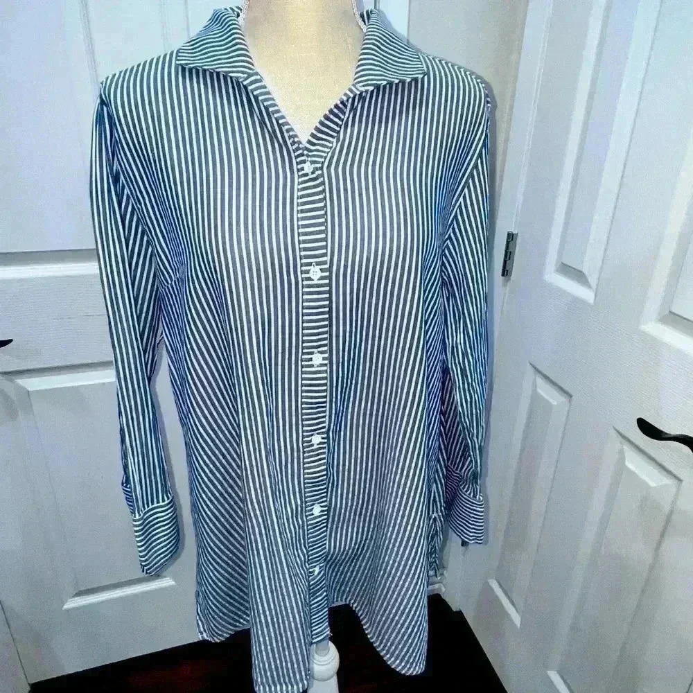 Peck and Peck Button Down,long sleeve shirt, railroad striped, w back tie detail